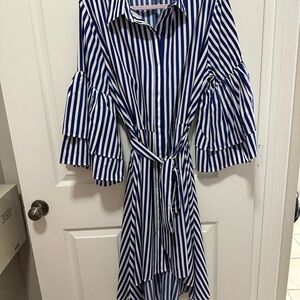 Striped Blue and White Dress with Ruffled Sleeves